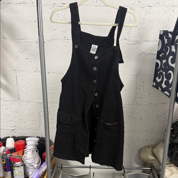 Black Button-Front SQUEEZE Courderoy Dress Overall Style Mini Cute Black Dress - Picture 1 of 3